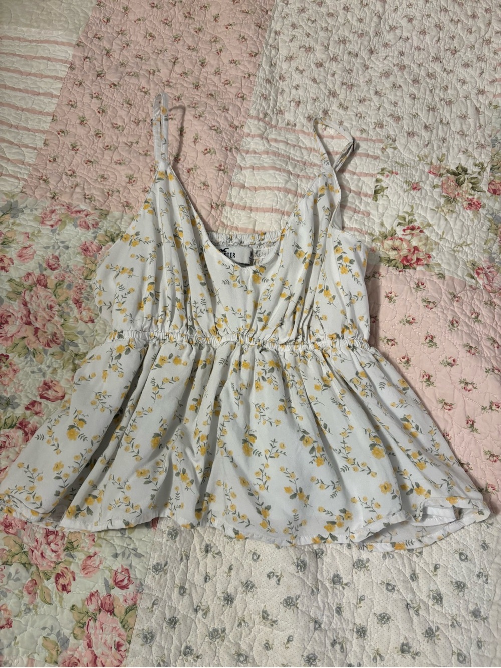 Hollister White Floral Yellow Print Smocked Waist Cami Top